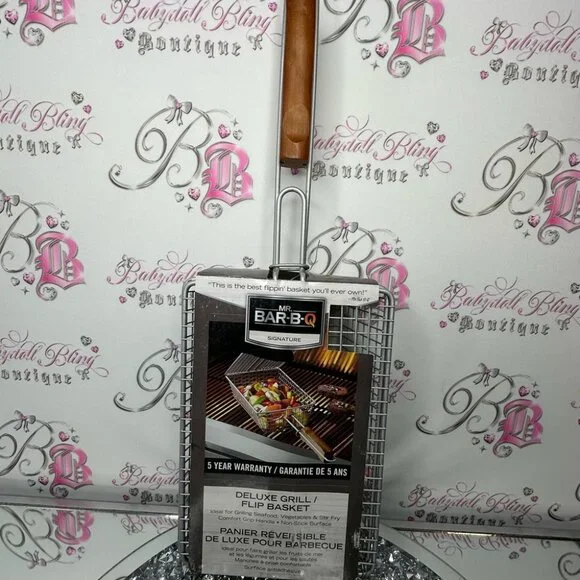 Bar-B-Q Deluxe Grill Basket with Wooden Handle flip basket grilling bbq π - Picture 3 of 3
